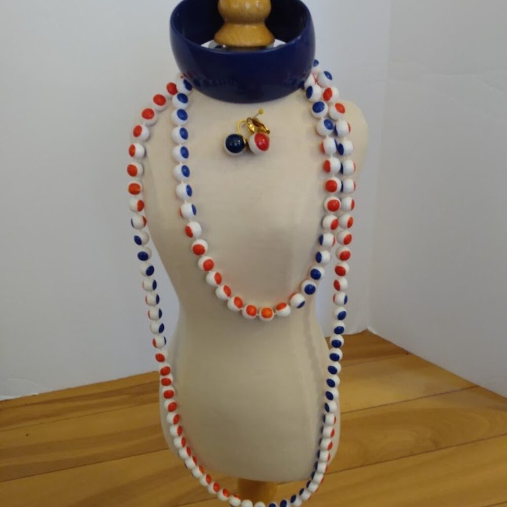 Patriotic red, white and blue set. Necklace, clip earrings & bangle bracelet.